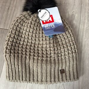 Helly Hansen Beige Knit Pom Beanie with Faux Fur Pom
